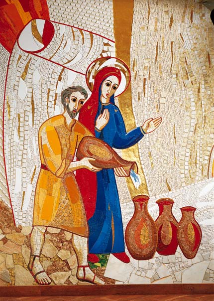 A Cana, Marie demande aux serviteurs de faire confiance à son fils, Jésus